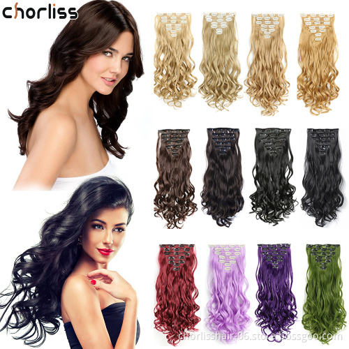 Wholesale Blonde Black Long Wave Ombre 22''7Pcs16Clips Curly Hairpiece Synthetic Hair Clip In Hair highlight Extension For Women